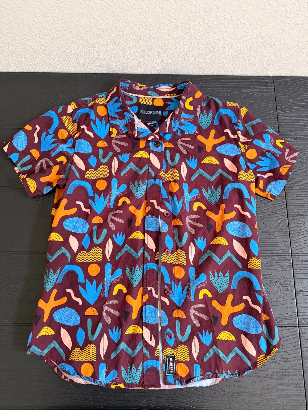 Wildfang Burgundy Abstract Print Button Short Sleeve Shirt